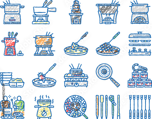 Fondue Cooking Delicious Meal Icons hand drawn