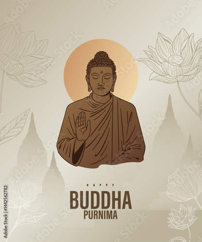 Buddha Purnima, Happy Vesak Day wishes and greetings with the Buddha vector illustration. Can be used for a poster, social media banner, or greeting card design