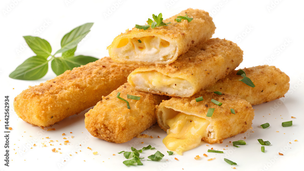 Crispy golden cheese sticks isolated on white background, perfect appetizer or snack concept for menus, food blogs, fast food ads, and culinary content promoting cheesy comfort food Crispy golden cheese sticks isolated on white background, perfect appetizer or snack concept for menus, food blogs, fast food ads, and culinary content promoting cheesy comfort food