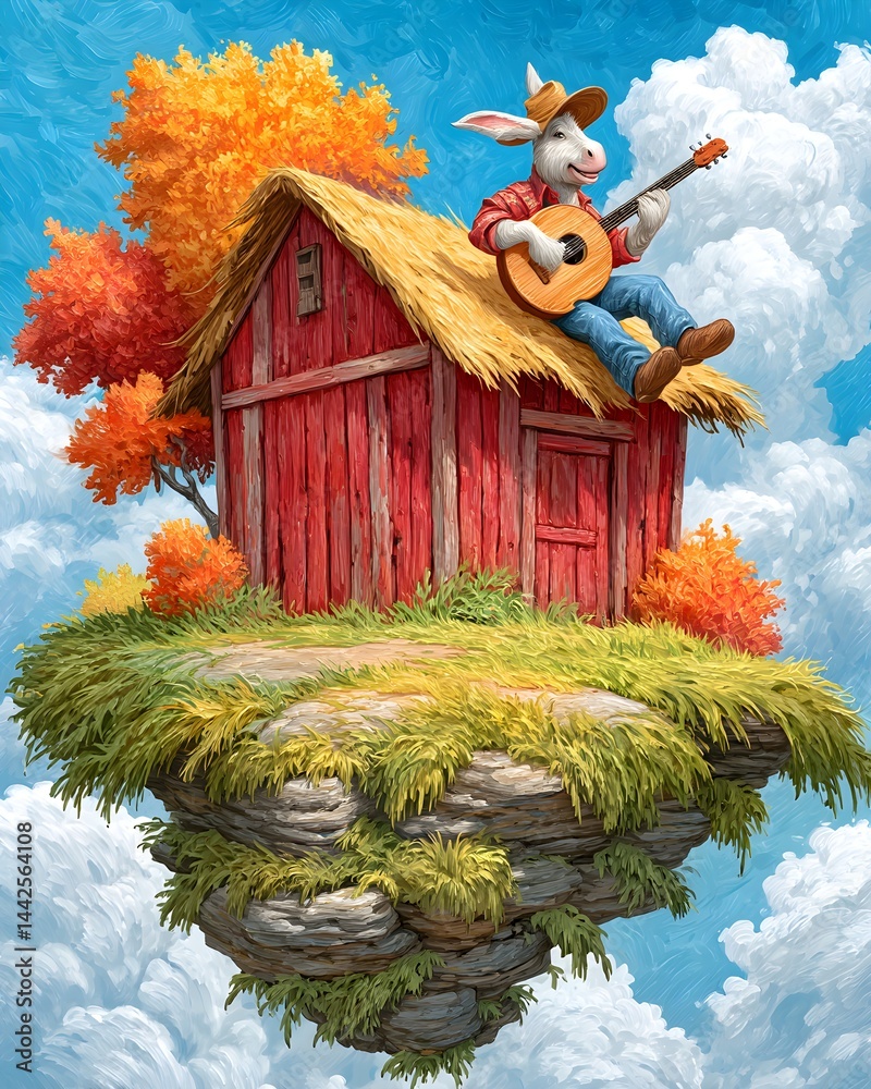 A surreal, whimsical scene featuring a donkey above a rustic floating barn while joyfully playing a banjo, blending rural charm with fantasy.