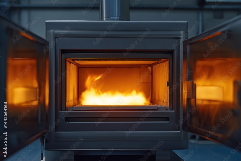 Detailed view of crematorium furnace with open door, clean industrial design Detailed view of crematorium furnace with open door, clean industrial design