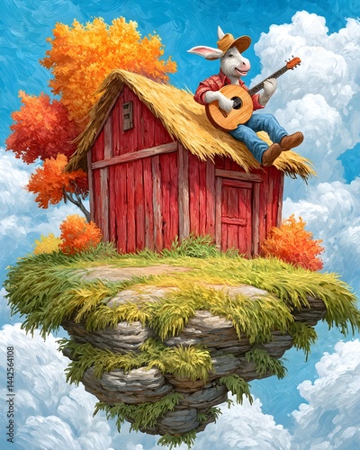 Obraz na płótnie A surreal, whimsical scene featuring a donkey above a rustic floating barn while joyfully playing a banjo, blending rural charm with fantasy. w salonie