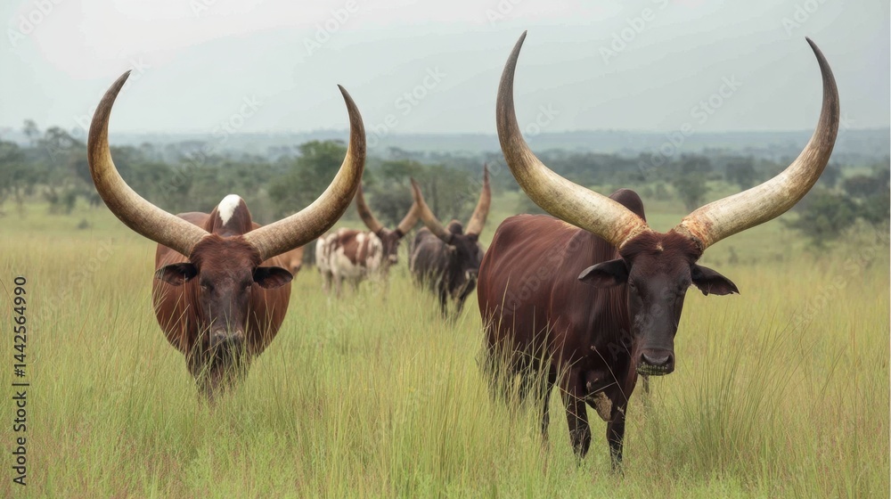 Ankole-Watusi Cattle Herd Grazing in African Savannah Ankole-Watusi Cattle Herd Grazing in African Savannah