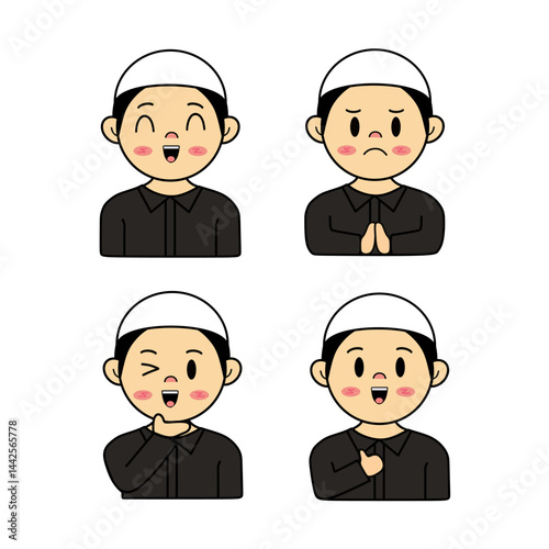 Cute Emoticon Sticker Muslim Boy Wearing White Kufi Cap With Different Expressions Body Language Cartoon Illustration