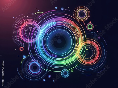 Diseño geométrico abstracto con tonos neón y patrones circulares
