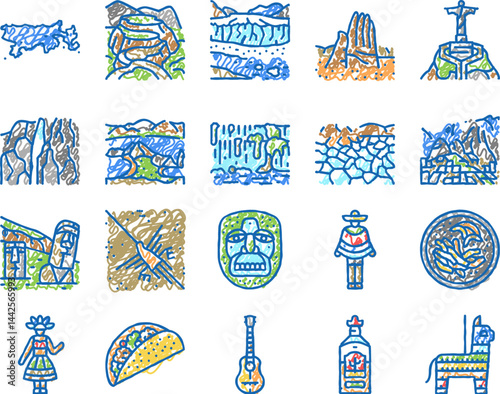 South America Scape And Tradition Icons hand drawn