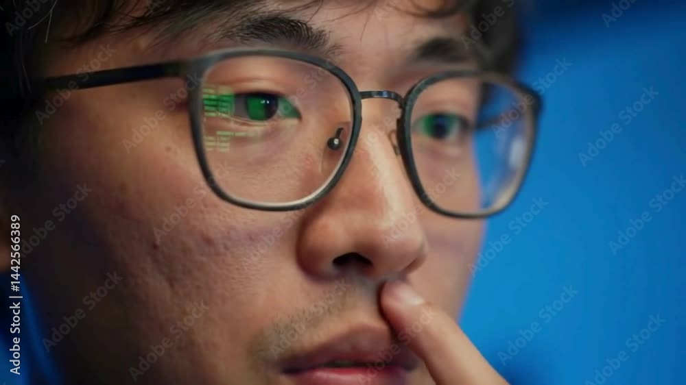 Man with glasses picking nose: close-up of face and finger in nostril Man with glasses picking nose: close-up of face and finger in nostril