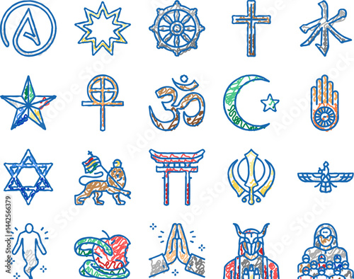 Religion, Prayer Cult And Atheism Icons hand drawn