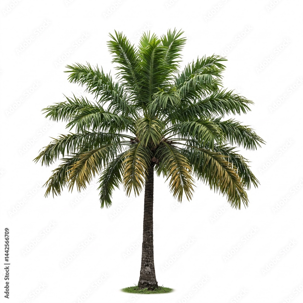 Obraz premium Single green palm tree with a brown trunk, isolated on a white background