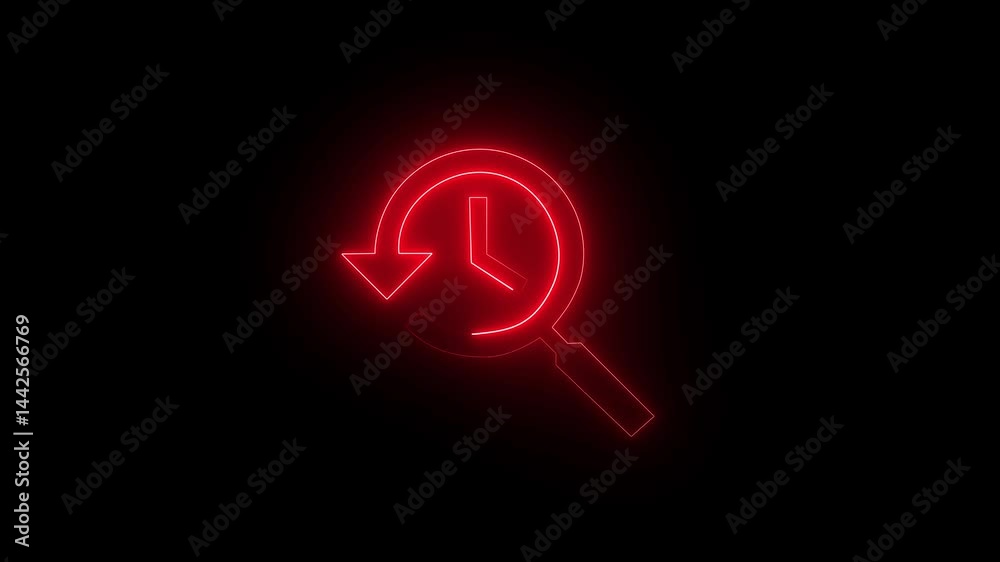 Glowing neon magnifying glass icon animation. Digital clock search hologram icon on black background.. Glowing neon magnifying glass icon animation. Digital clock search hologram icon on black background..