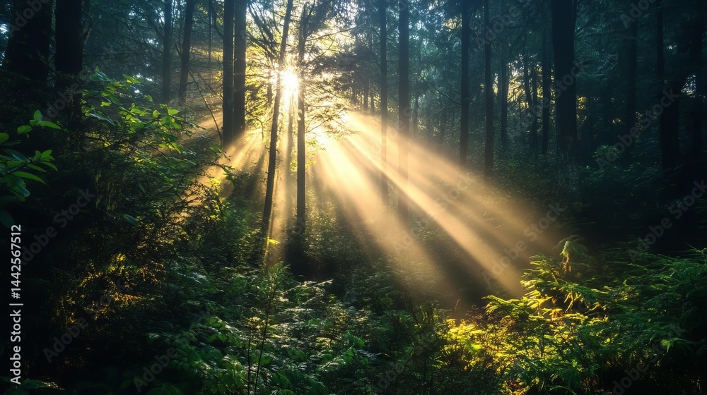 Fototapeta premium Sunbeams illuminate lush green forest trees nature sunlight peaceful rays dark path woods image photo