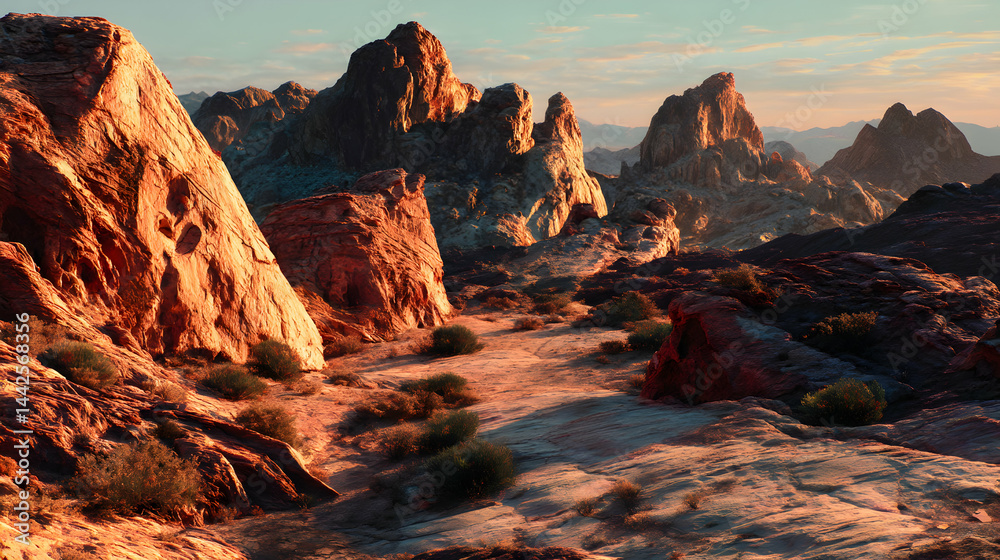 Fototapeta premium Majestic desert vista featuring towering rock formations at golden hour, bathed in warm sunlight radiance