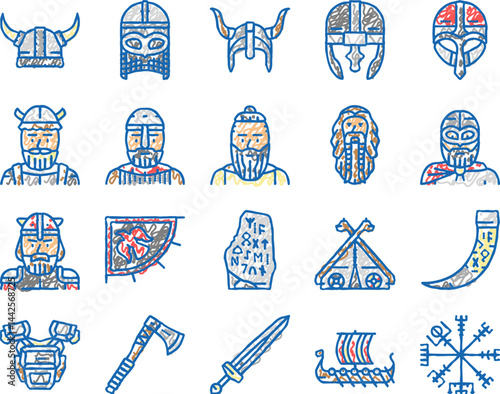 viking medieval norse helmet icons hand drawn