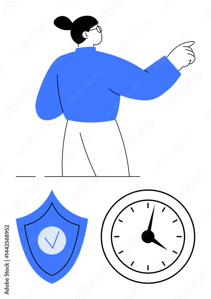 Fototapeta premium Woman gesturing confidently, shield with checkmark for security, clock for time management. Ideal for safety, reliability, responsibility, planning, punctuality, control simple landing page