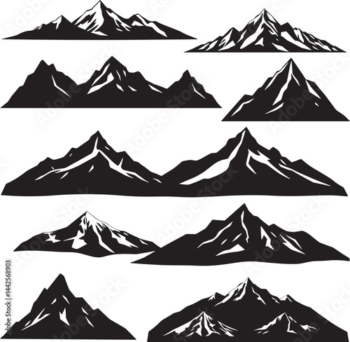 Mountain Silhouettes Vector Set – Minimalist Navy Blue Peaks and Geometric Outdoor Landscape Designs