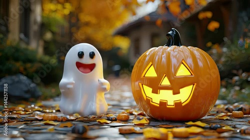A playful Halloween scene featuring a cheerful ghost and a carved pumpkin.