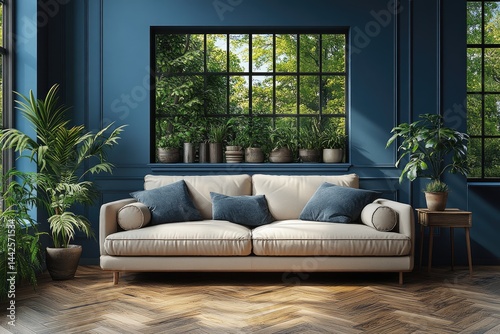 Elegant living room interior design with a large window.