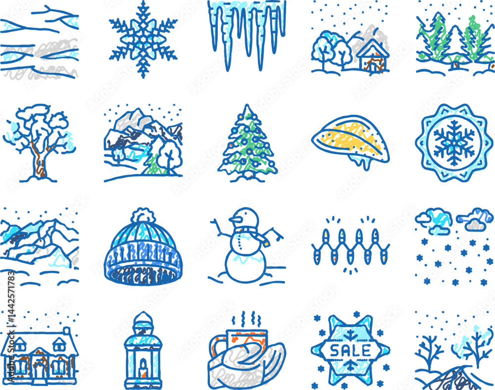 Naklejka premium winter snow season nature icons hand drawn