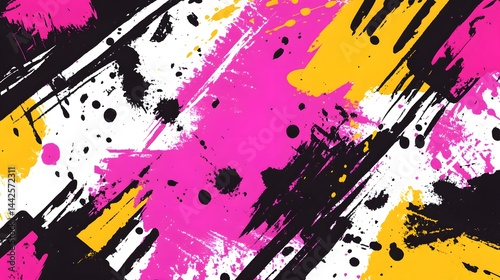 Abstract Pink Yellow Black Paint Splatter Brushstrokes Background
