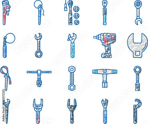 wrench tool spanner repair icons hand drawn