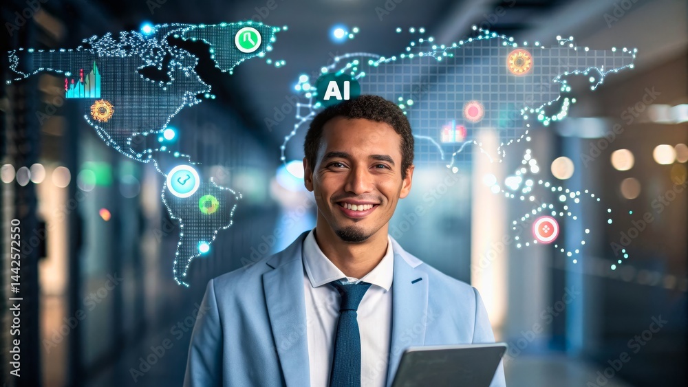 Professional Man Smiling with Tablet in Front of World Map and AI Graphics Professional Man Smiling with Tablet in Front of World Map and AI Graphics