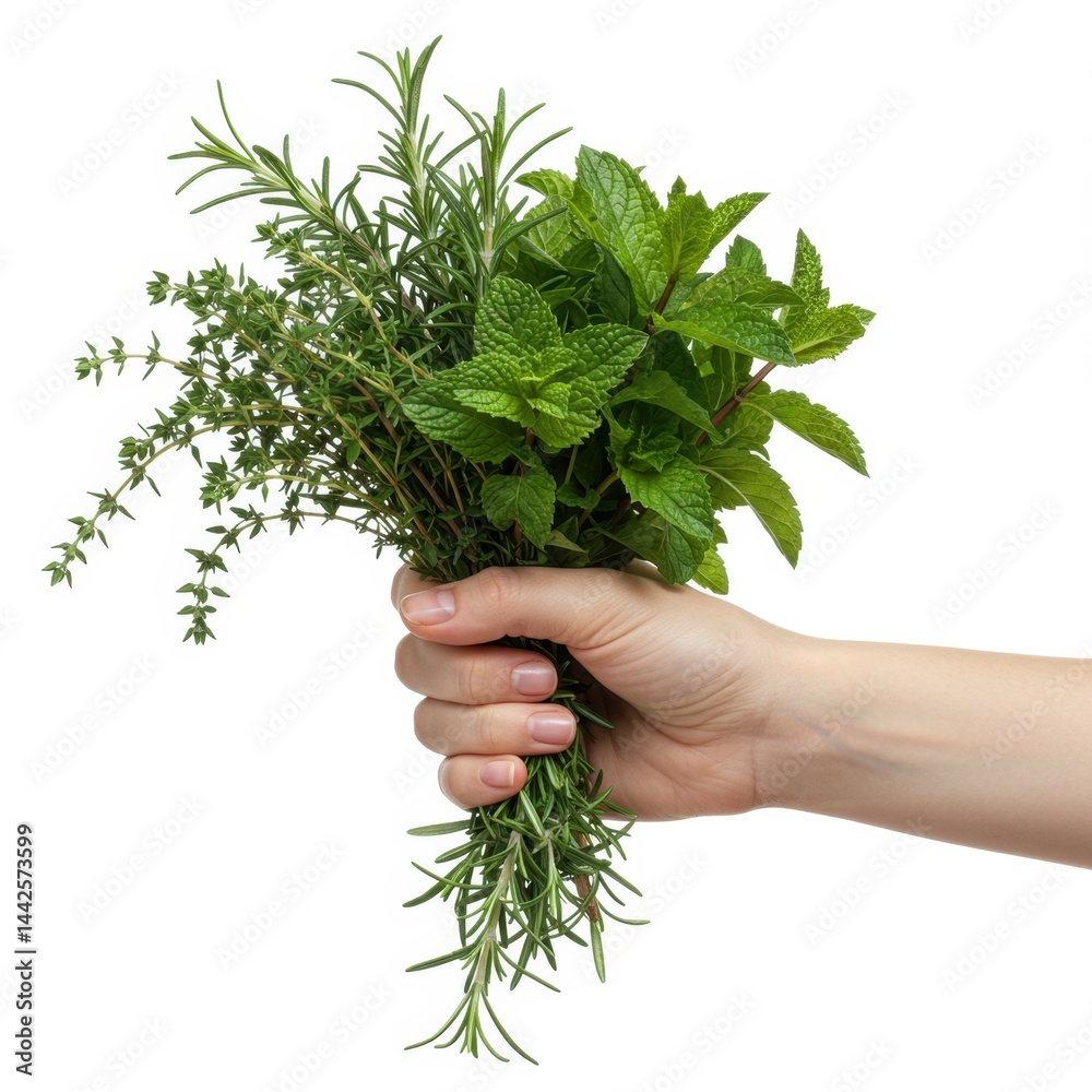 Hand holding a bunch of fresh herbs including mint, rosemary, and thyme Hand holding a bunch of fresh herbs including mint, rosemary, and thyme