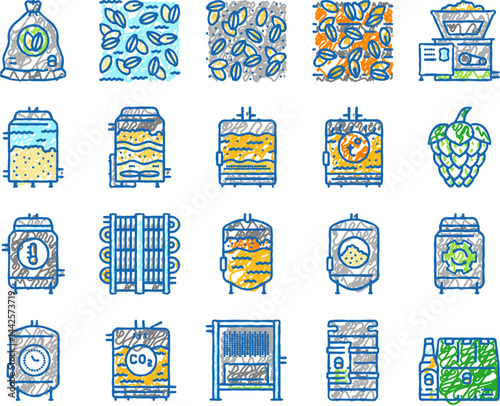 beer production brewery factory icons hand drawn