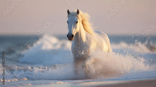 White horse running in ocean waves stock photo beautiful animal photography beach scene nature equine power