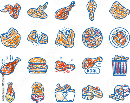 chicken crispy food meat meal icons hand drawn