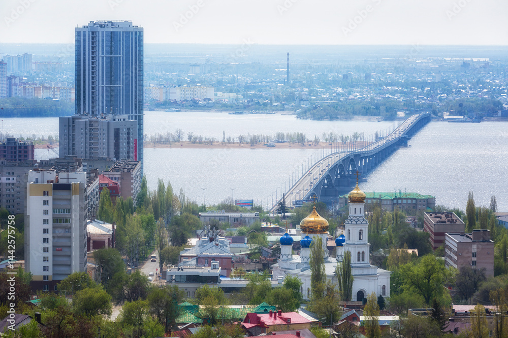Top view of the city of Saratov and the bridge over the Volga, Russia