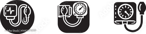 Blood pressure monitor medical icon set, black and white vector 
