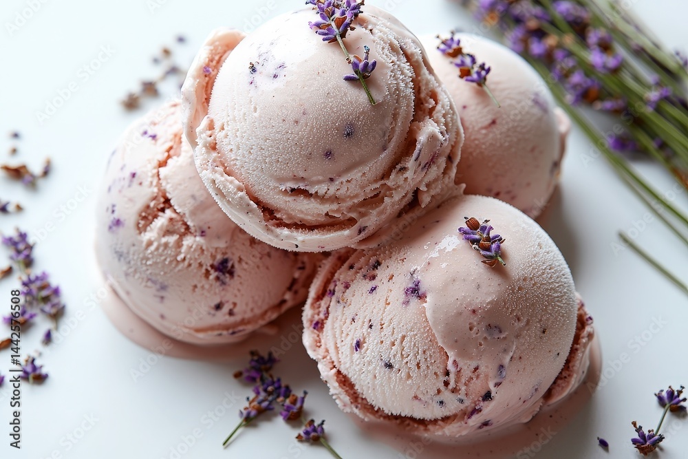 Fototapeta premium Lavenderinfused ice cream delight on white background with fresh blossoms