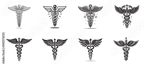 Caduceus medical symbol icon set, black and white vector illustration
