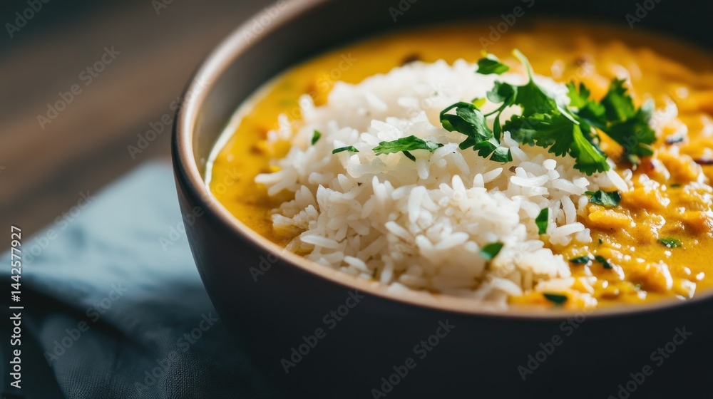 Creamy yellow curry with white rice and fresh green herbs Creamy yellow curry with white rice and fresh green herbs