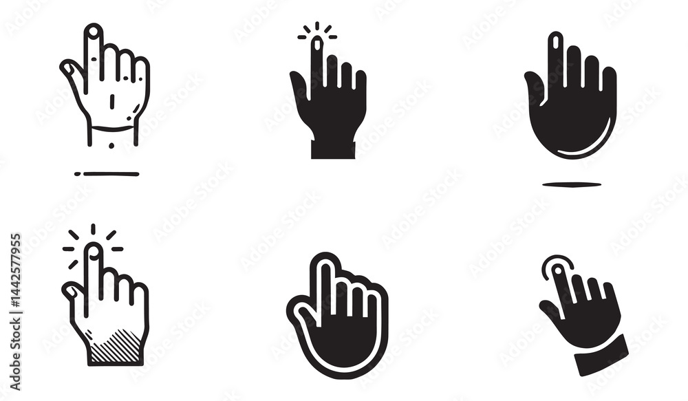 Obraz premium Hand click pointer icon set, black and white vector cursor 