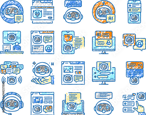 chat bot robot service online icons hand drawn