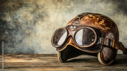 A vintage leather aviator helmet and aged goggles resting on a weathered wooden table in soft natural light