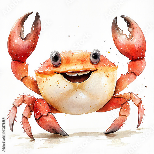 Cheerful crab smiling in a whimsical watercolor style  