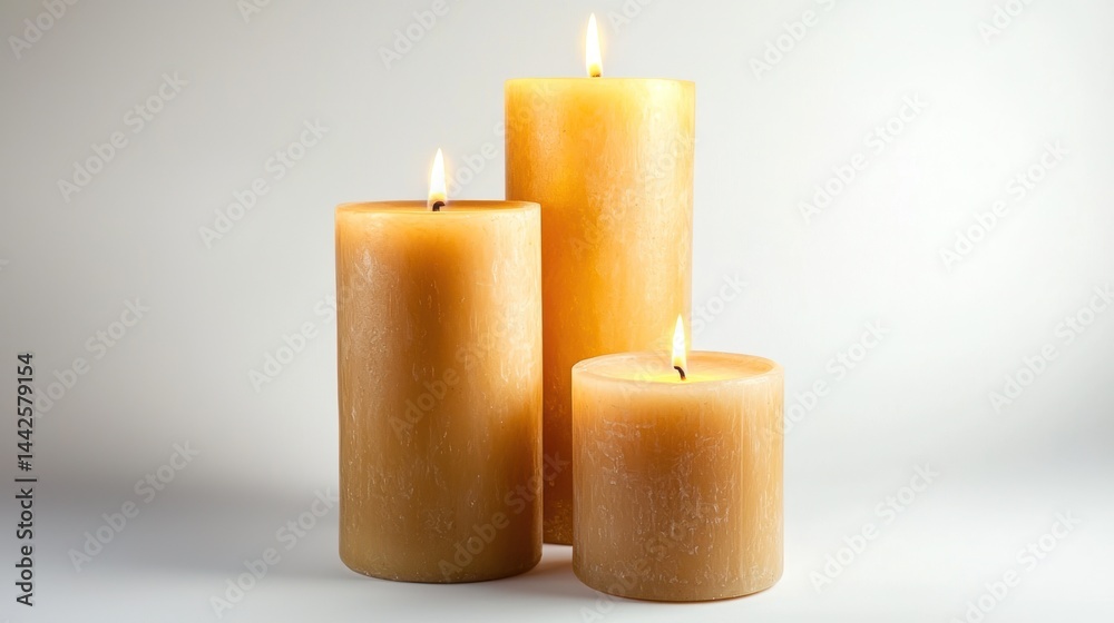 Set of three pillar candles of varying heights with flickering flames on white background. Set of three pillar candles of varying heights with flickering flames on white background.