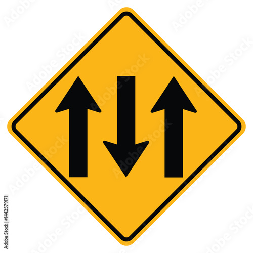 Warning signs Three Lane Traffic Road on white background