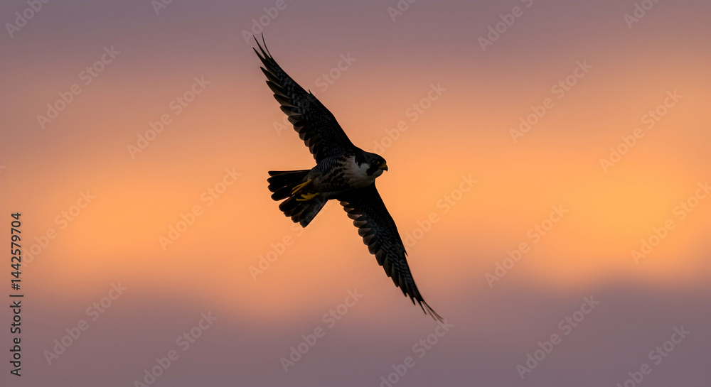 Naklejka premium Peregrine Falcon Silhouette Soaring at Sunset Majestic Bird of Prey in Flight Wildlife Golden Hour Nature