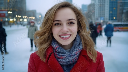 A woman wearing a red coat and a blue scarf is smiling. She is surrounded by other people