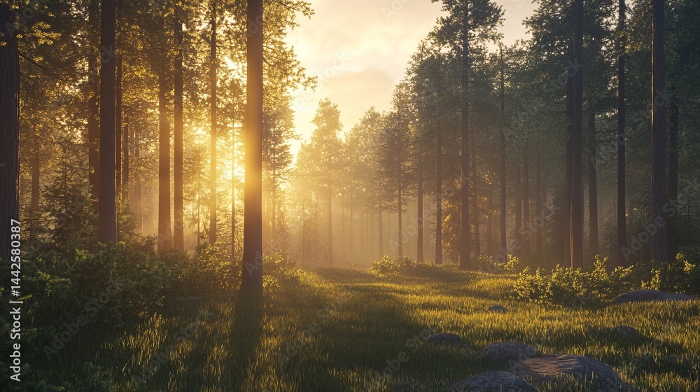 Obraz premium Golden sunrise in a serene pine forest landscape with tall trees and lush green grass art fog calm