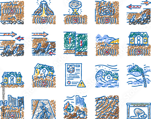 earthquake disaster wave crack icons hand drawn