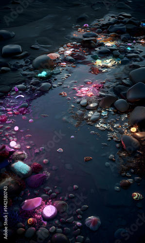 Enchanting stream of glowing pebbles and mysterious aquatic vegetation shimmering in a subdued twilight atmosphere