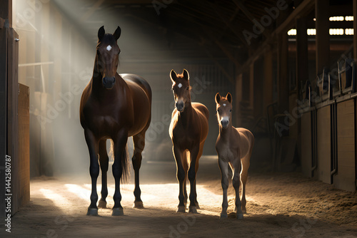 A mare with her foals stabled in a stable. Breeding horses on the ranch.