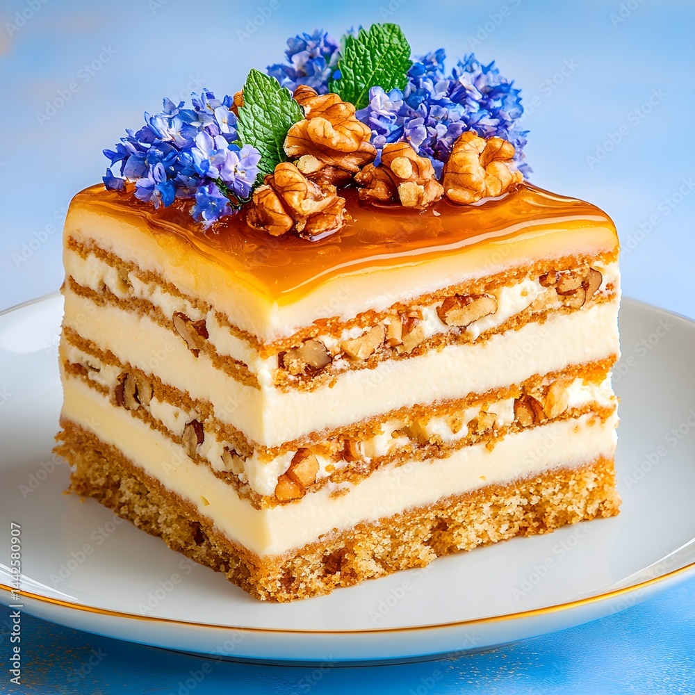 A delicious slice of traditional Russian honey cake, featuring rich creamy layers and topped with a crunchy walnut, creating a decadent dessert scene.