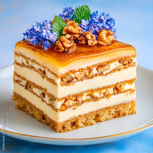 Obraz na płótnie A delicious slice of traditional Russian honey cake, featuring rich creamy layers and topped with a crunchy walnut, creating a decadent dessert scene. w salonie