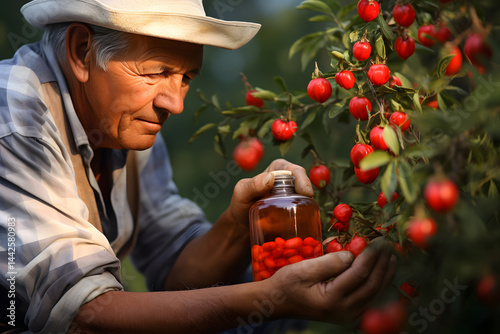 A farmer collects rose hips from a rosehip bush.