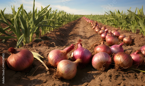 Plowed row of field with onions. Seasonal harvest of farmers.